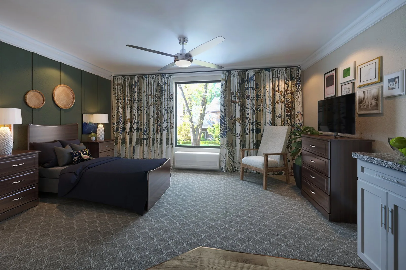 Senior living resident suite furnished with Akin casegoods, bed and accent seating