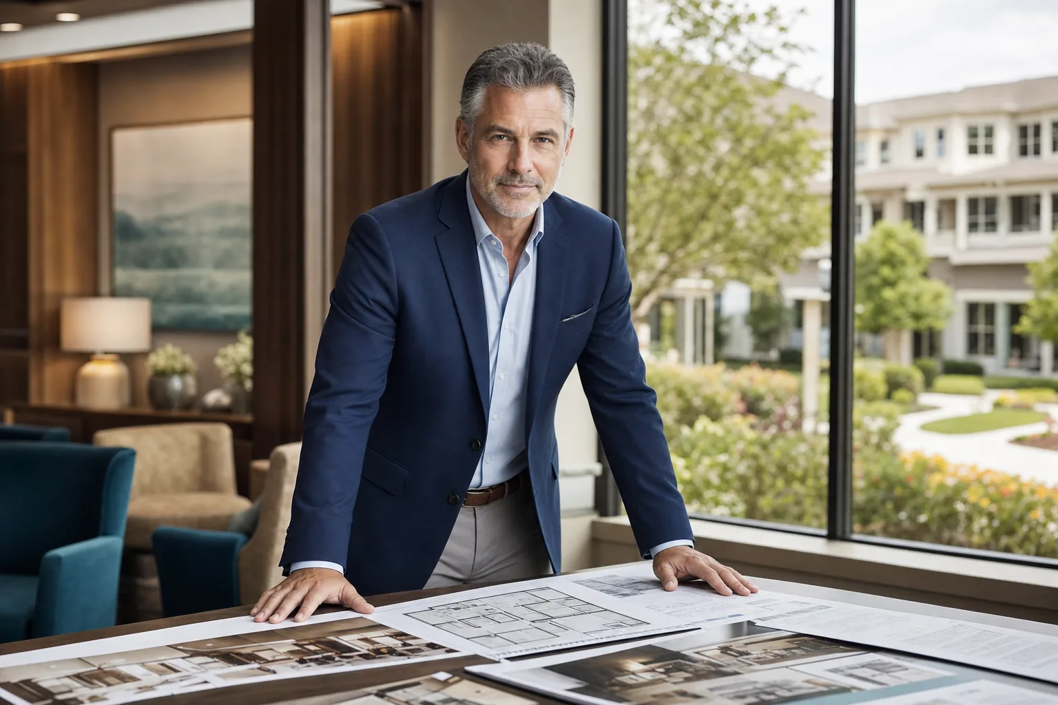Healthcare real estate executive reviewing senior living renovation plans on a campus