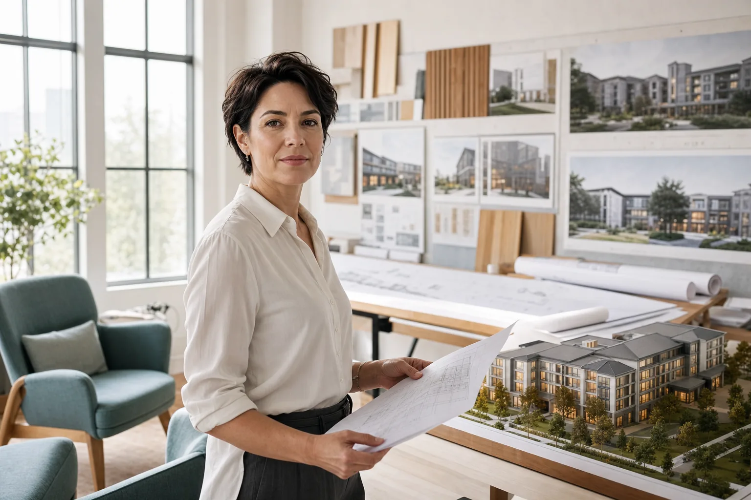 Architect with drawings and a scale model of a senior living community in a design studio